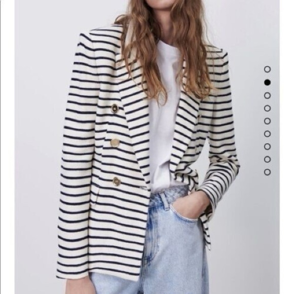 Zara Dark Blue and White Striped Blazer - Picture 1 of 13